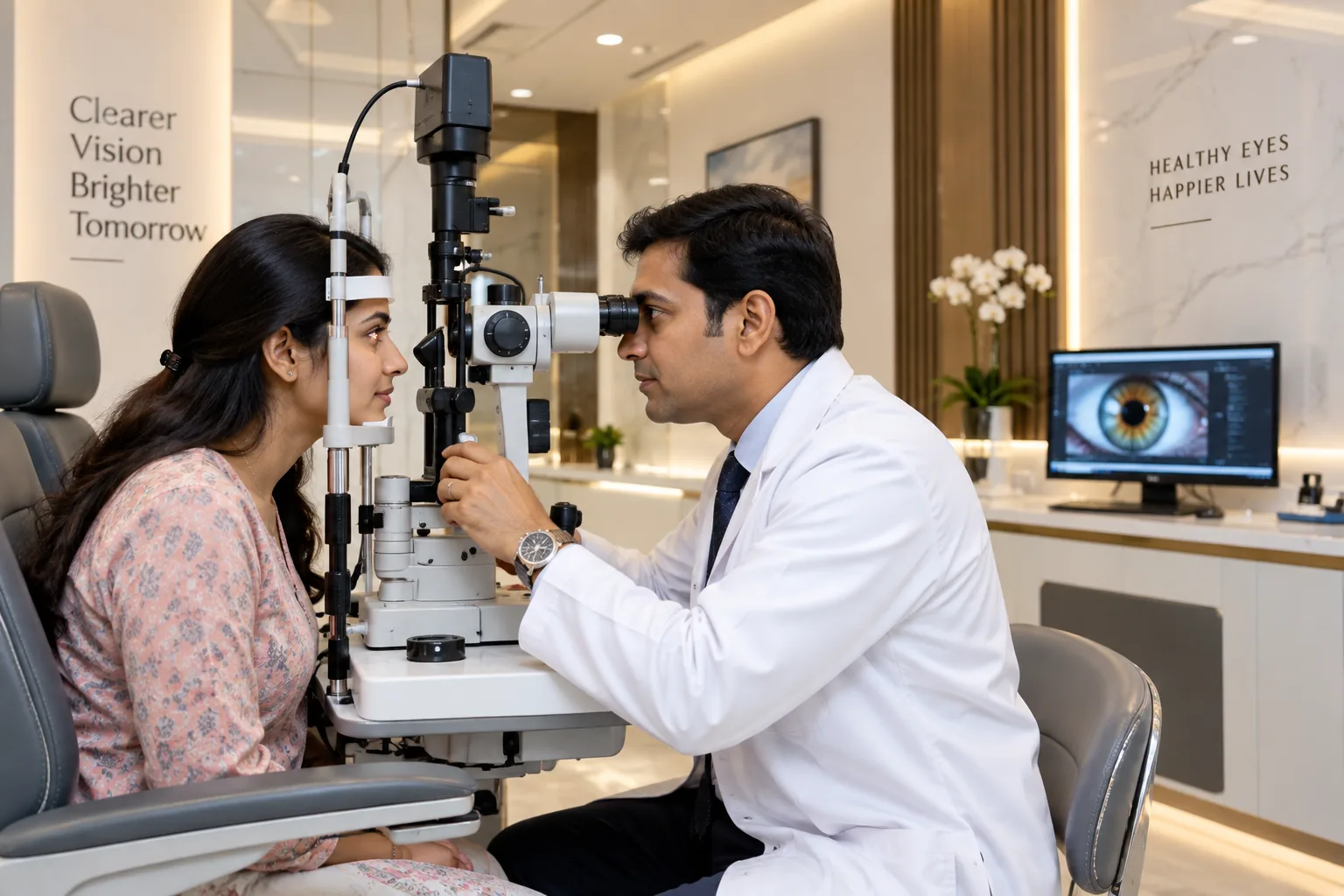Doctor examining a patient with a slit lamp