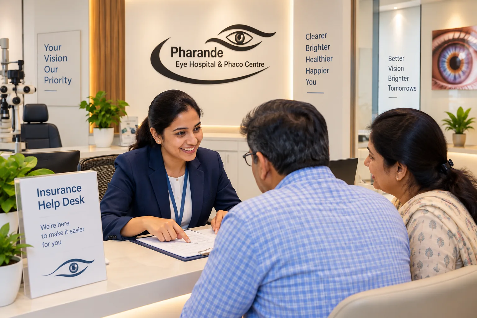 Insurance help desk assisting a patient family at Pharande Eye Hospital